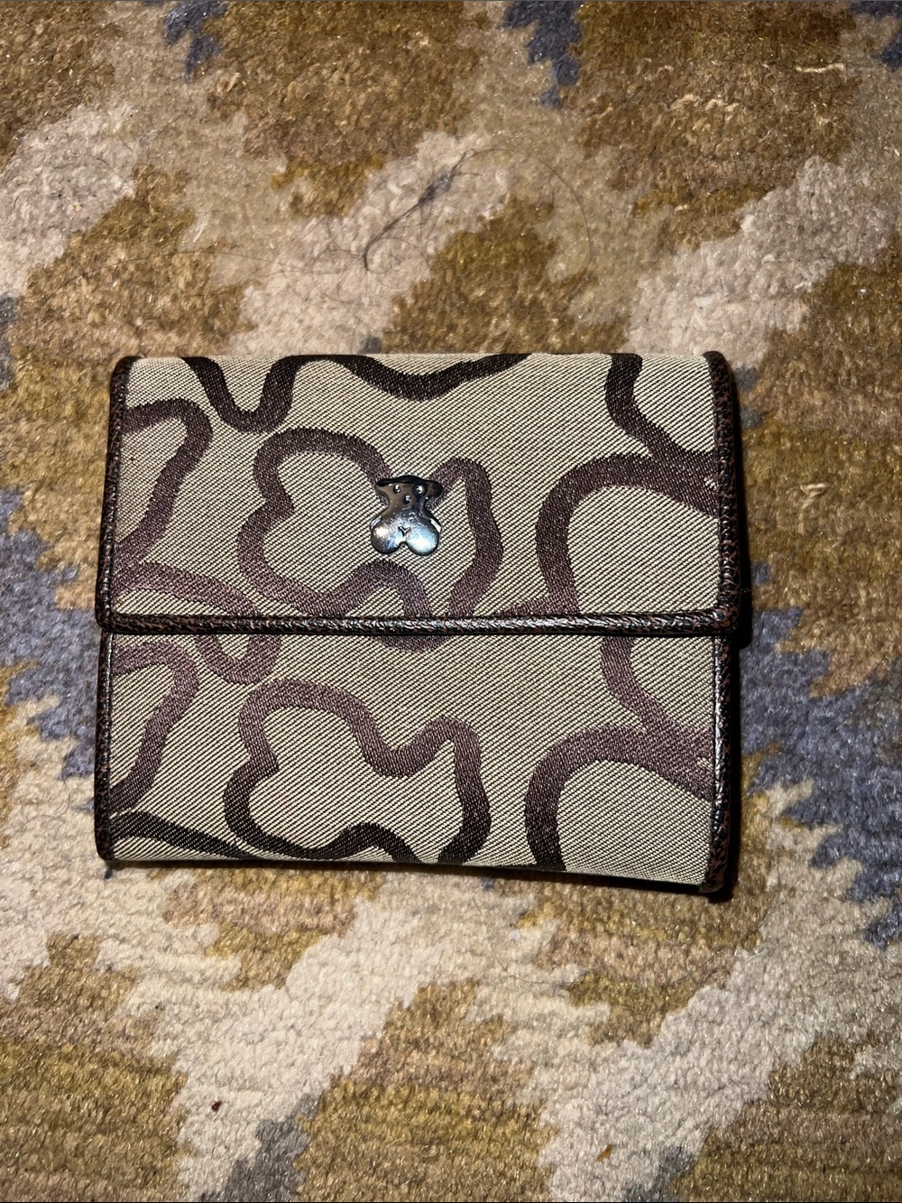 Tous Beige Wallet with Brown Floral Outline and Bear Emblem
